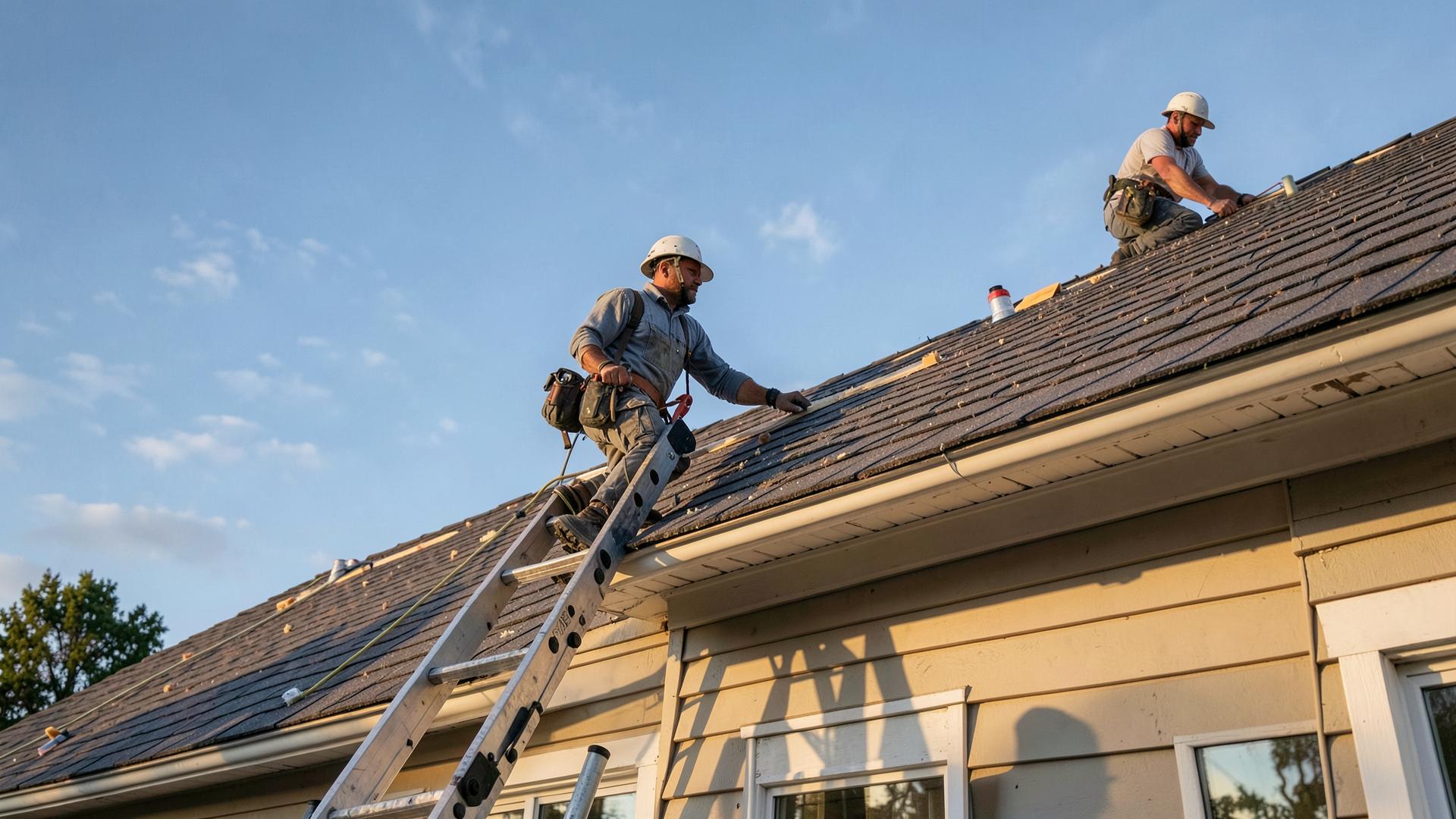 Roofing crew at work — roofer on a ladder installing shingles for Summit Ridge Roofing Co. in Boulder, CO